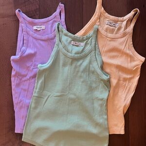 Trio of Madewell Ribbed Tank Tops in Green, Yellow, and Pink/Purple